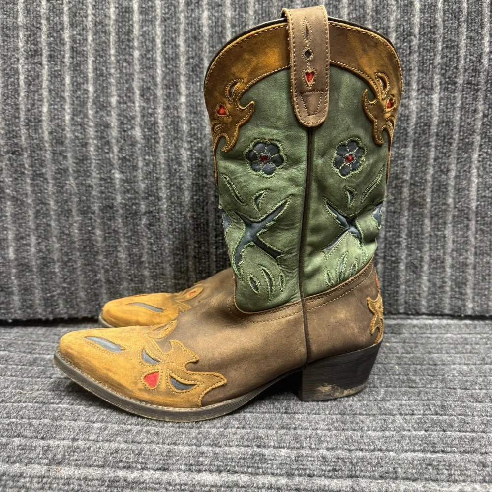 Danpost Western Cowboy Boots 5.5D Brown Green Floral Embroidery DPC-3151 Good